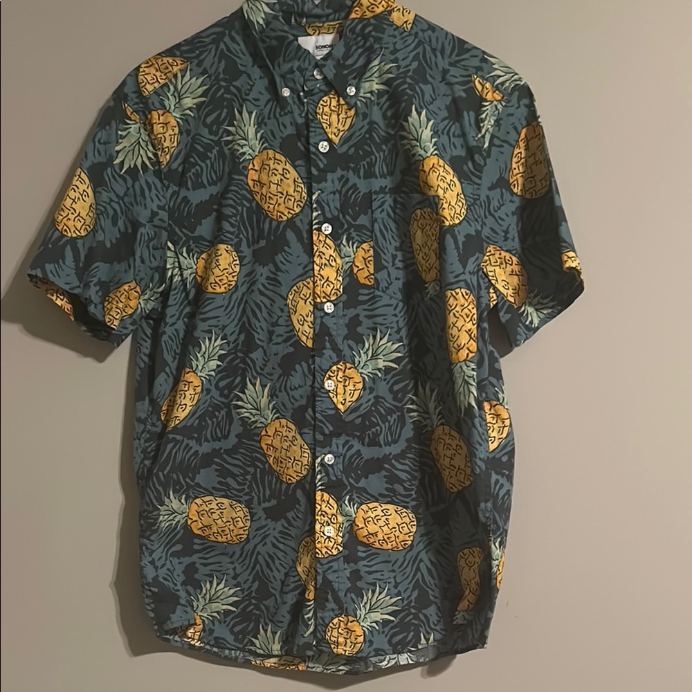 Sonoma Green and Yellow Casual Button Down Shirt with Tropical Pineapple  Print